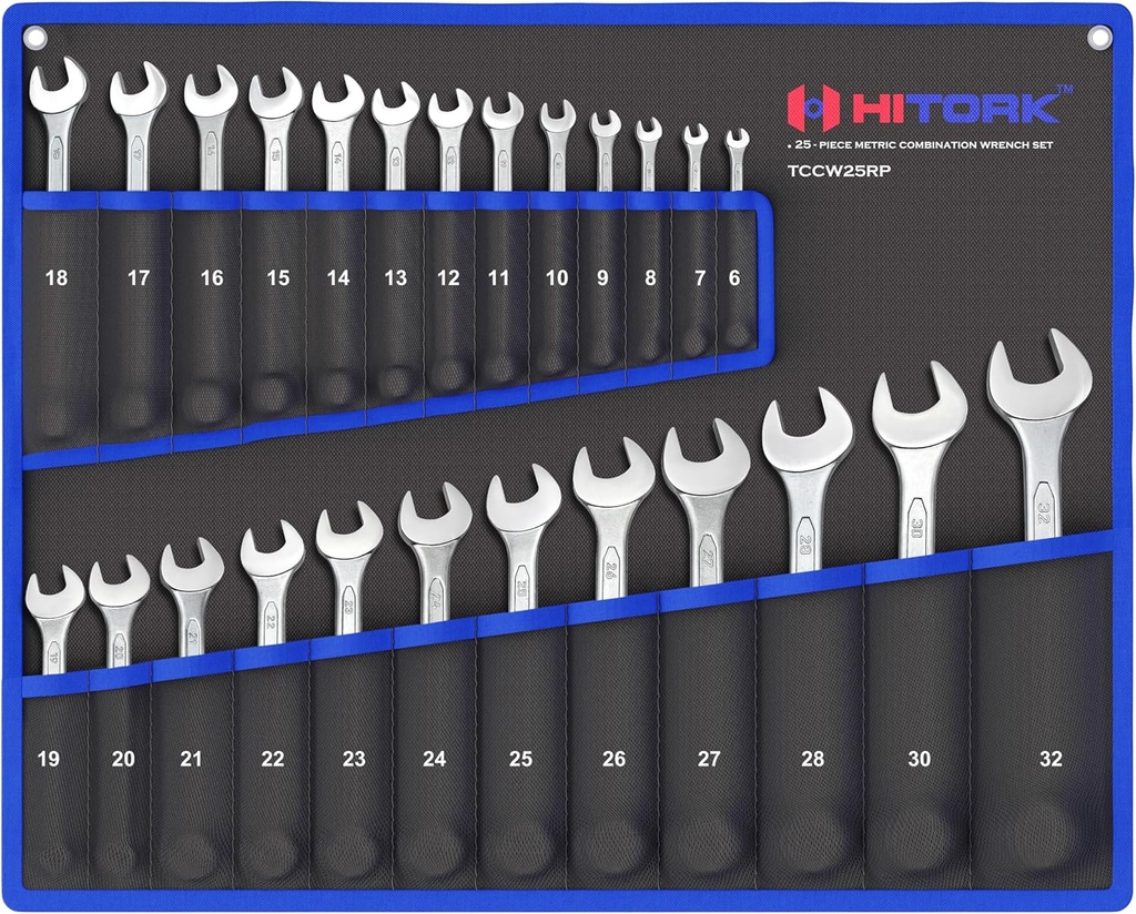 HITORK 25 Piece Metric Wrench Set (6-32 mm) CrV Steel Matt Finish with Polished Head 12 Point Box End 15° Offset Roll Up Pouch Durable Combination Wrench Set for Home, Garage & Auto Repair