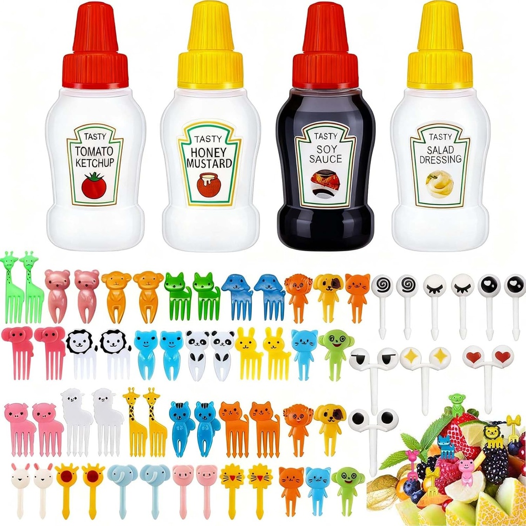 64 Pieces Lunch Box Accessories Set, Mini Ketchup Bottle Condiment Squeeze Bottles for Bento Lunch Box, Reusable Small Plastic Sauces Containers with Lids and Animal Fruit Picks Food Toothpicks