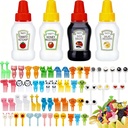 64 Pieces Lunch Box Accessories Set, Mini Ketchup Bottle Condiment Squeeze Bottles for Bento Lunch Box, Reusable Small Plastic Sauces Containers with Lids and Animal Fruit Picks Food Toothpicks