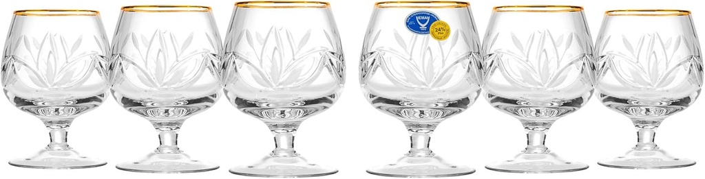 Elegant and Modern Russian Cut Crystal Brandy Glass Set for Hosting Parties and Events - 7 oz, Brandy Glass Gold Rim, 200 ml, Set of 6