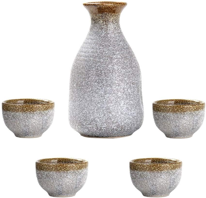 5 Piece Sake Set, Japanese Sake Cup Set,Silver Design Ceramic Cups, Quaint Texture, for Cold/Warm/Shochu/Tea, Best Gift for Family and Friends