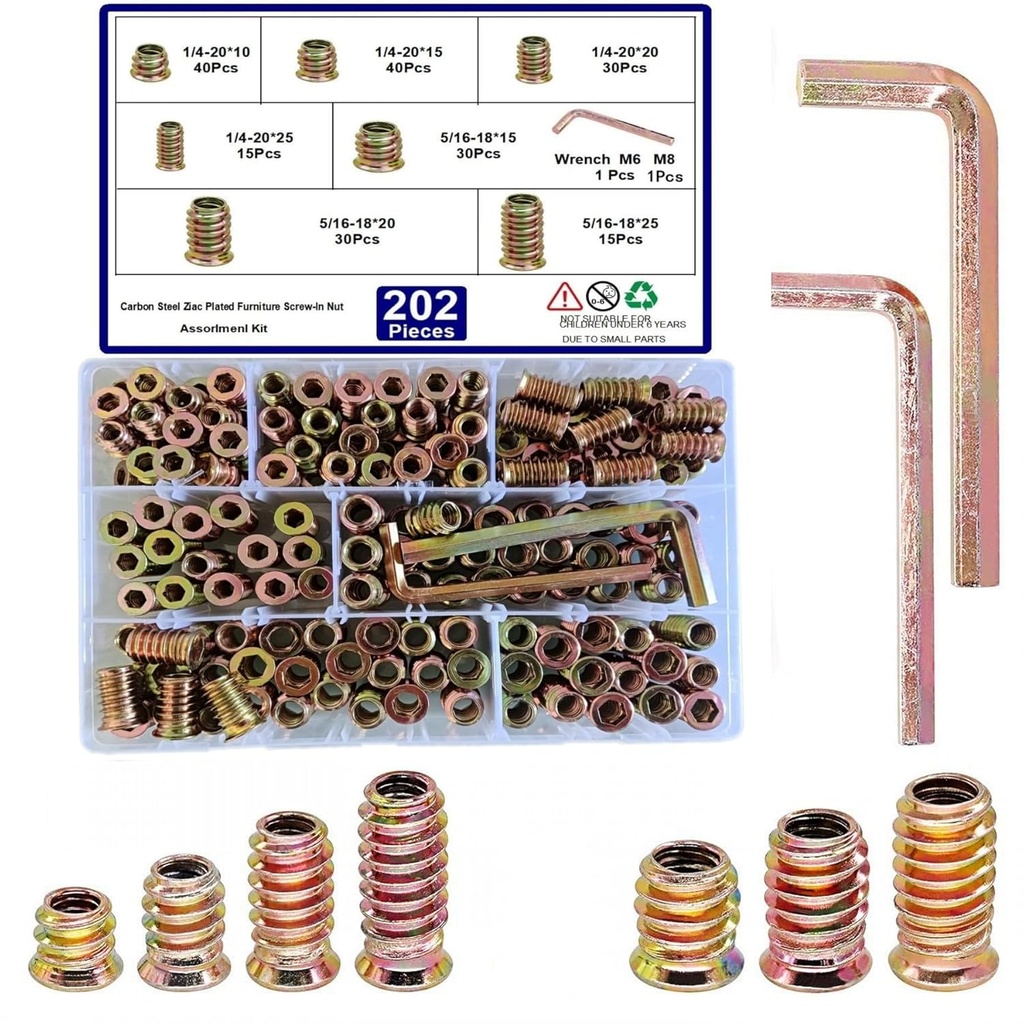 200pcs Threaded Inserts for Wood, 1/4"-20 5/16"-18 Screw in Nut Assortment Kit, Hex Drive Nut Insert for Home Office Furniture