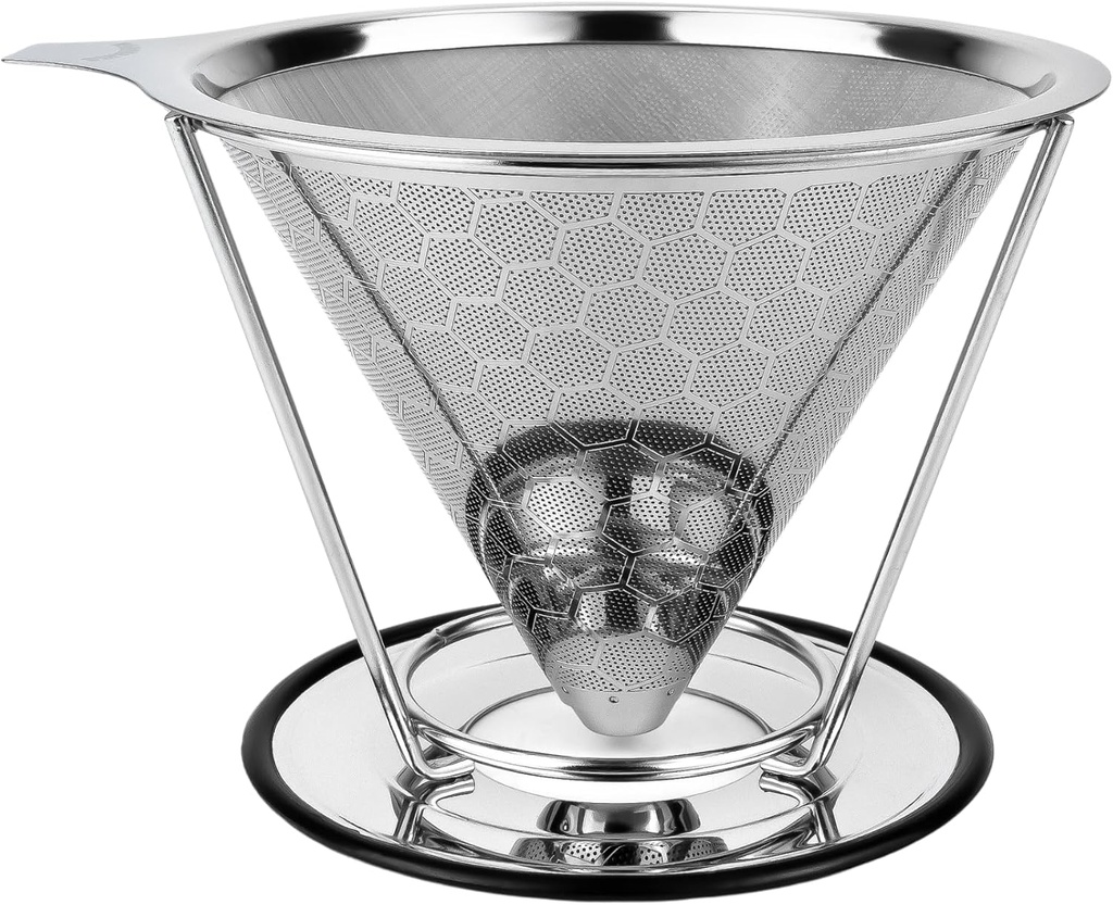 Steel coffee filter, Portable Coffee Drip Cone with Separate StandReusable Pour Over Coffee Dripper, Stainless Steel Fine Mesh Filter with Cork Grip, Single Serve Coffee Maker for Travel, with brush