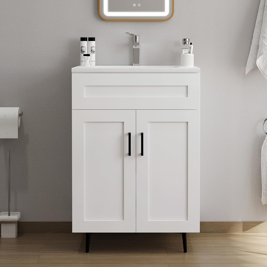 24" Bathroom Vanity with Sink, Freestanding Wooden Bathroom Vanity with 2 Doors and Metal Legs, Bathroom Cabinet Vanity with Ceramic Sink (White,Paint,24")