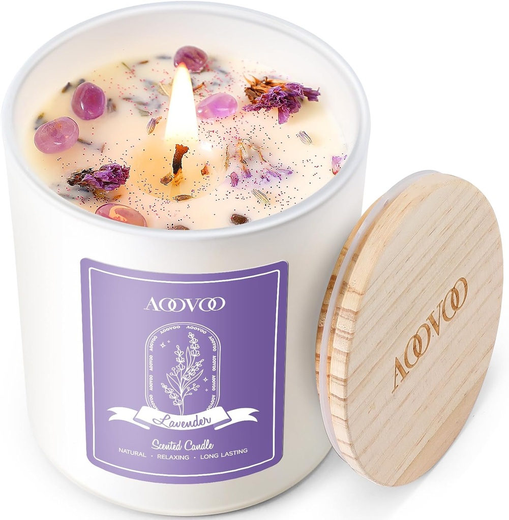AOOVOO Lavender Scented Candles for Women - Aromatherapy Candle with Crystals Inside, 10oz Soy Candles for Home Scented, Birthday Gifts Christmas Candle for Women Mom