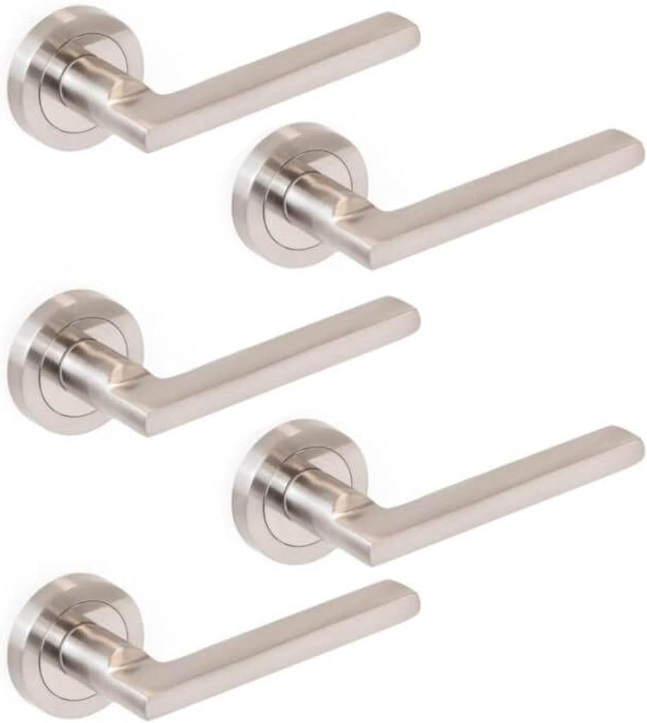 Jdel Pack of 5 Interior Door Levers,Passage Door Handle Set with.50mm Rosette,Aluminum and Zamak, Satin Nickel