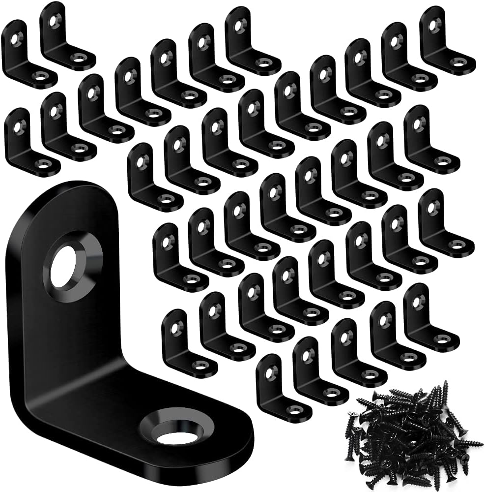 40PCS L Bracket Corner Brace Sets, Stainless Steel Corner Brackets, 90 Degree Right Angle Bracket, Metal L Brackets for Shelves Wood Furniture Cabinet Chair Drawer with 80PCS Screws, Black (20mmx20mm)