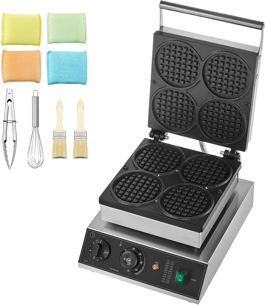 HappyBuy Commercial Waffle Maker - 4PCS Round, 1750W, Non-Stick Stainless Steel, Temp & Time Control, for Restaurant, Bakery, Snack Bar & Family
