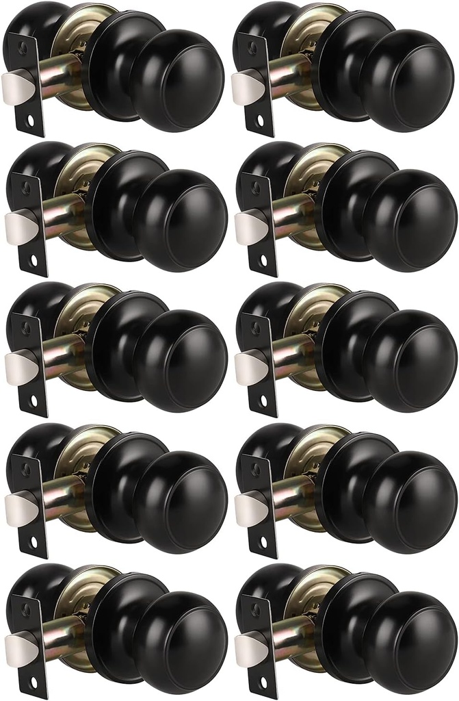 KNOBWELL 10 Pack Modern Door Knob Passage Door Knob, Black Closet Door Knobs, Non Locking Interior Door Knobs Round Ball Door Handle Lockset, Matte Black Keyless Doorknob for Hallway