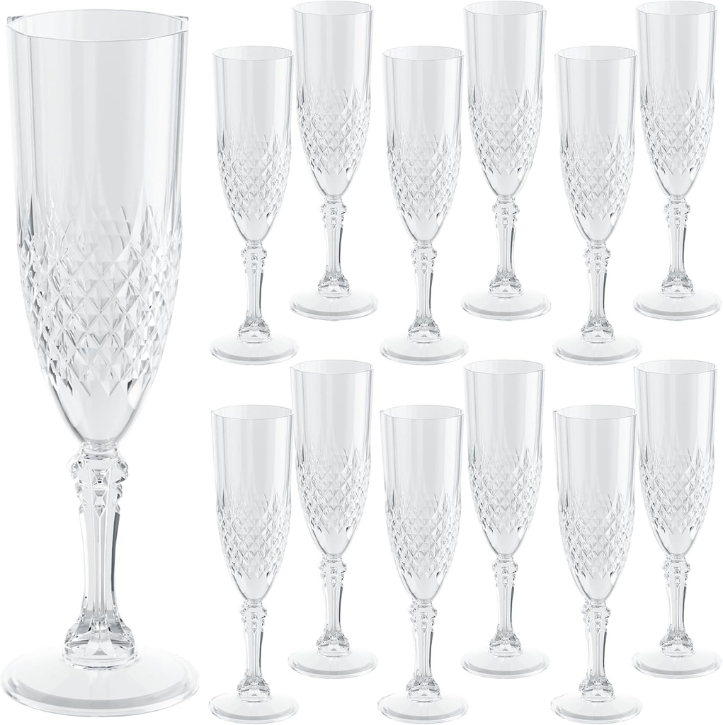 Plastic Champagne Flutes Set of 12 7oz, Transparent White Reusable Glasses Cups Goblets Shatterproof Unbreakable, for Wedding Party Mimosa Bar