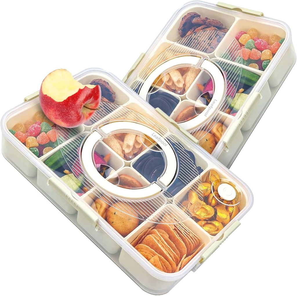 Snack Box Container, Dishwasher Safe Fruit Snack Containers, 2 Pack Divided Serving Tray with Lid for Veggie, Candy, Snackle Charcuterie Plastic Boxes for Kids, Adults Travel and Picnic