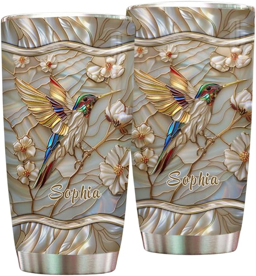 Stained Glass Hummingbird Personalized Name Tumbler Hummingbird Tumbler Cup With Lid 20oz 30oz Custom Name Humming Bird Stainless Steel Double Wall Vacuum Insulated Tumblers