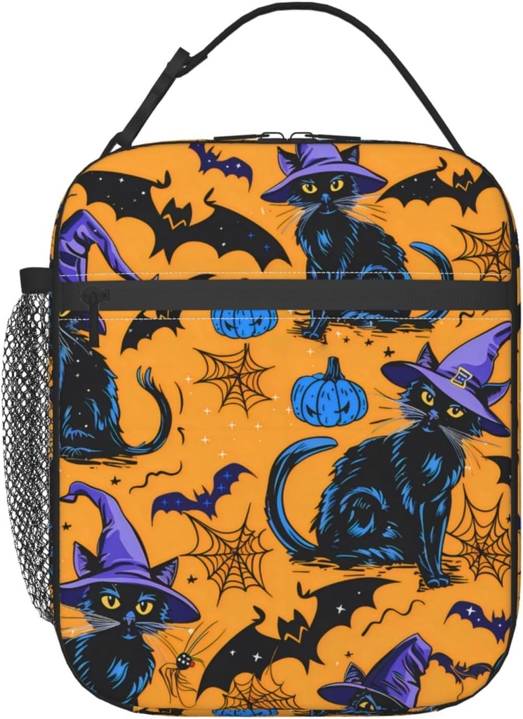 Witchy Cat Polyester Lunch Box for Kids Teen,Gothic Reusable Thermal Lunch Bag for Adult Women,Goth Bat Insulated Tote Cooler Bags for School,Work,Picnic,Travel,Halloween Design