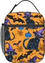 Witchy Cat Polyester Lunch Box for Kids Teen,Gothic Reusable Thermal Lunch Bag for Adult Women,Goth Bat Insulated Tote Cooler Bags for School,Work,Picnic,Travel,Halloween Design