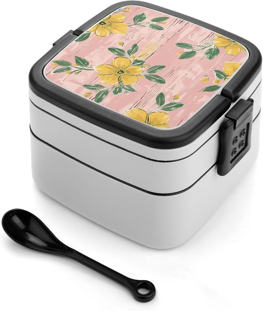 Bento Lunch Box for Women Lunch Containers for Adults Green And Yellow Flowers Double Layered Lunchbox Large Capacity Bento Box with Cutlery for Work Picnic Camping Travel