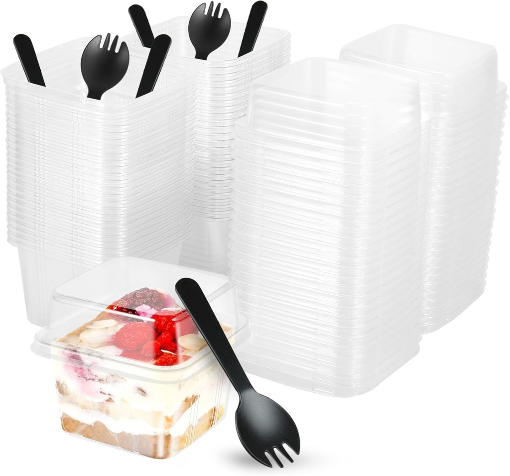 50Pcs Plastic Dessert Cups with Lids and Forks, 8oz Cupcake Container Clear Square Single Dessert Box Sealed Cake Storage Box for Dessert Muffins Cupcake Pudding Mousse Party