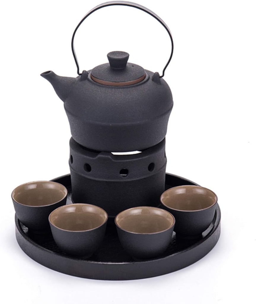 Ceramic Sake Set, Sake Set Hot Ceramic Sake Set with Warmer 6-Piece, 4 Cups, Sake Kettle and Heating Base for, Birthdays, and Anniversaries,Without Tray