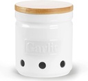 ONTUBE Garlic Keeper with Wooden Lid, 4.5-Inch Ceramic Garlic Holder Storage, Garlic Container for Kitchen, Garlic Saver to Keep Your Garlic Cloves Fresh Longe 24 oz, White