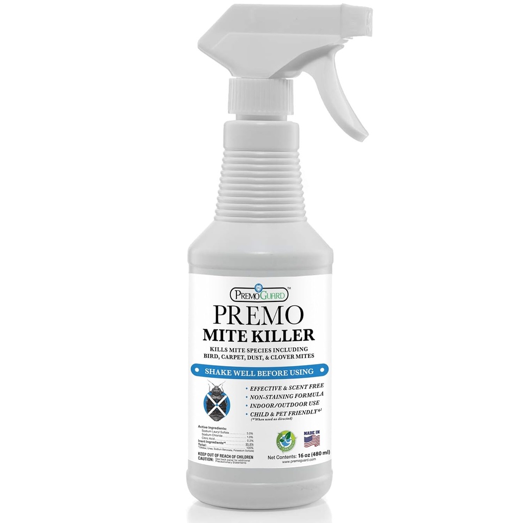 Premo Guard Natural Mite Spray – 16 oz Bottle – Plant Based Treatment for Dust, Spider, Carpet, Bird, Rat Mites – Safe for Families, Pet, Home, Bedding & Furniture When Used As Directed