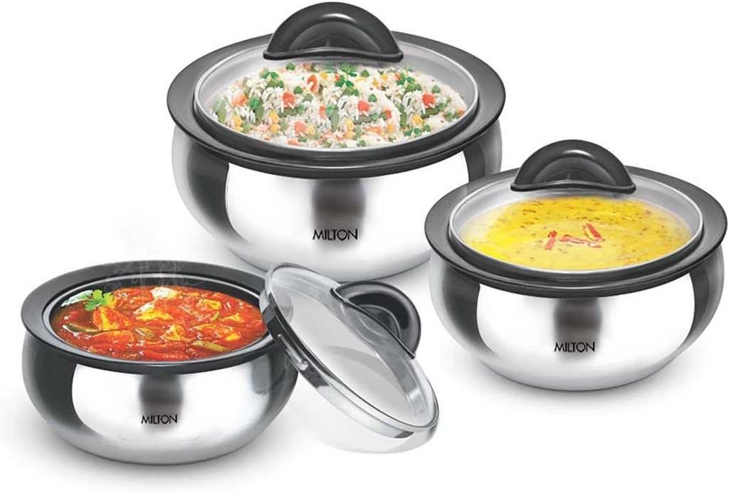 Milton Casserole with Glass Lid Set of 3 for Hot Food, Insulated Hot Pot, Stainless Steel, Serving Box (bowl, dish) for Food and Roti, Sizes 19 oz, 41 oz and 66 oz, Clarion