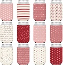 Whaline 12Pcs Valentine's Day Beer Can Sleeve 12Oz Love Heart Dot Stripe Can Cooler Cover Retro Red Pink Neoprene Insulated Thermocooler for Party Drink Decor Supplies