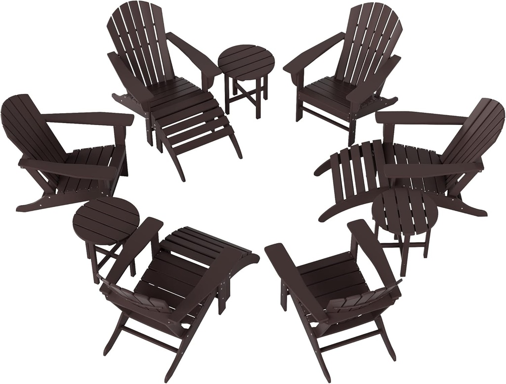 WestinTrends Dylan 12 Pieces Adirondack Chairs Set, All Weather Poly Lumber Outdoor Seating Patio Conversation Set, Seashell Curved Slat Backrest Garden Lawn Deck Fire Pit Chairs, Dark Brown