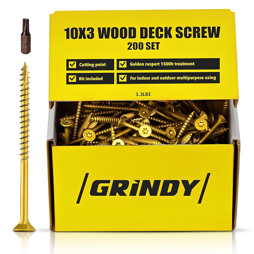 #10 x 3’’ Wood Screws by Grindy (200pack/3.3LBS) – Self-Drilling Deck Screws I Rust Resistant I Quick Drive & Fast Grip I for Cabinet, Furniture & Other Projects I T25 Star Drive I Bit Included