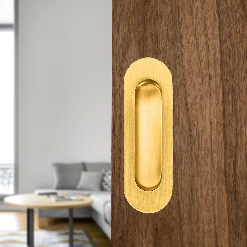 Recessed Door Handle Flush Pull 4.7 Inch Gold Sliding Closet Door Handle Oval Pocket Finger pulls Brushed Stainless Steel (2 Pack)