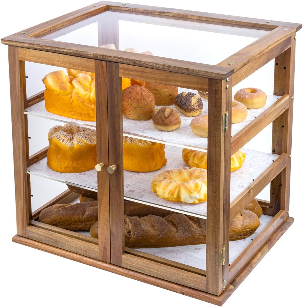 Pastry Display Case,Cookie Display, Professional-Grade Retail Bakery Display Case,,3 Tier Premium Acacia Wood and Clear Acrylic Bread Box,with Removable Trays and Rear Doors for Home or Commercial Use