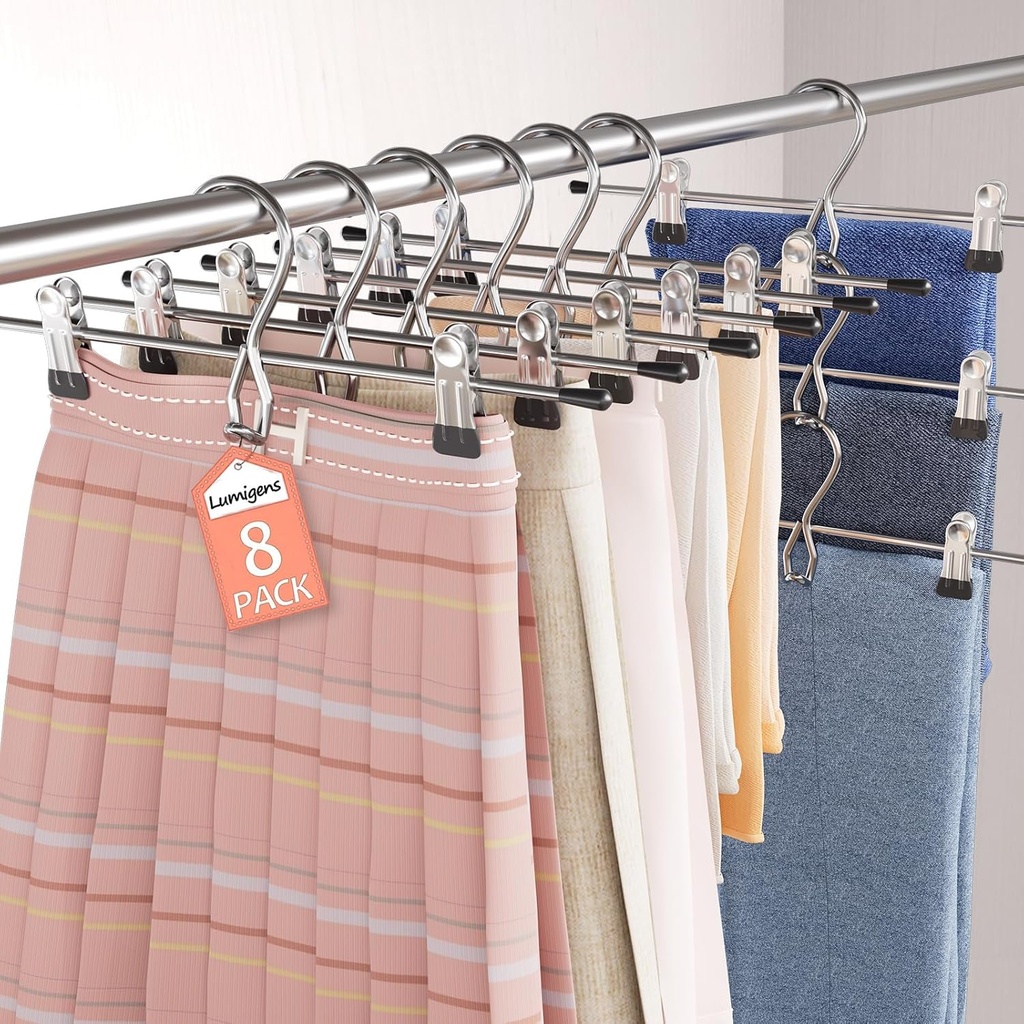 Pants Hangers Space Saving,Stackable Skirt Hangers with Clips, Hanging Closet Organizer and Storage,Clothes Hangers, College Dorm Essentials Apartment Essentials- 8 Pack