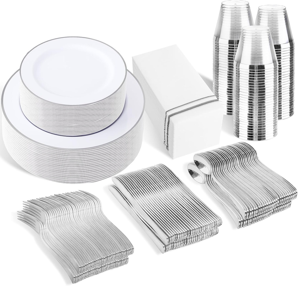 SUT 350 Piece Silver and White Plastic Dinnerware Set for 50 Guests, Disposable Plastic Plates, Include: 50 Dinner Plates, 50 Dessert Plates, 50 Pre Rolled Napkins with Silver Silverware, 50 Cups