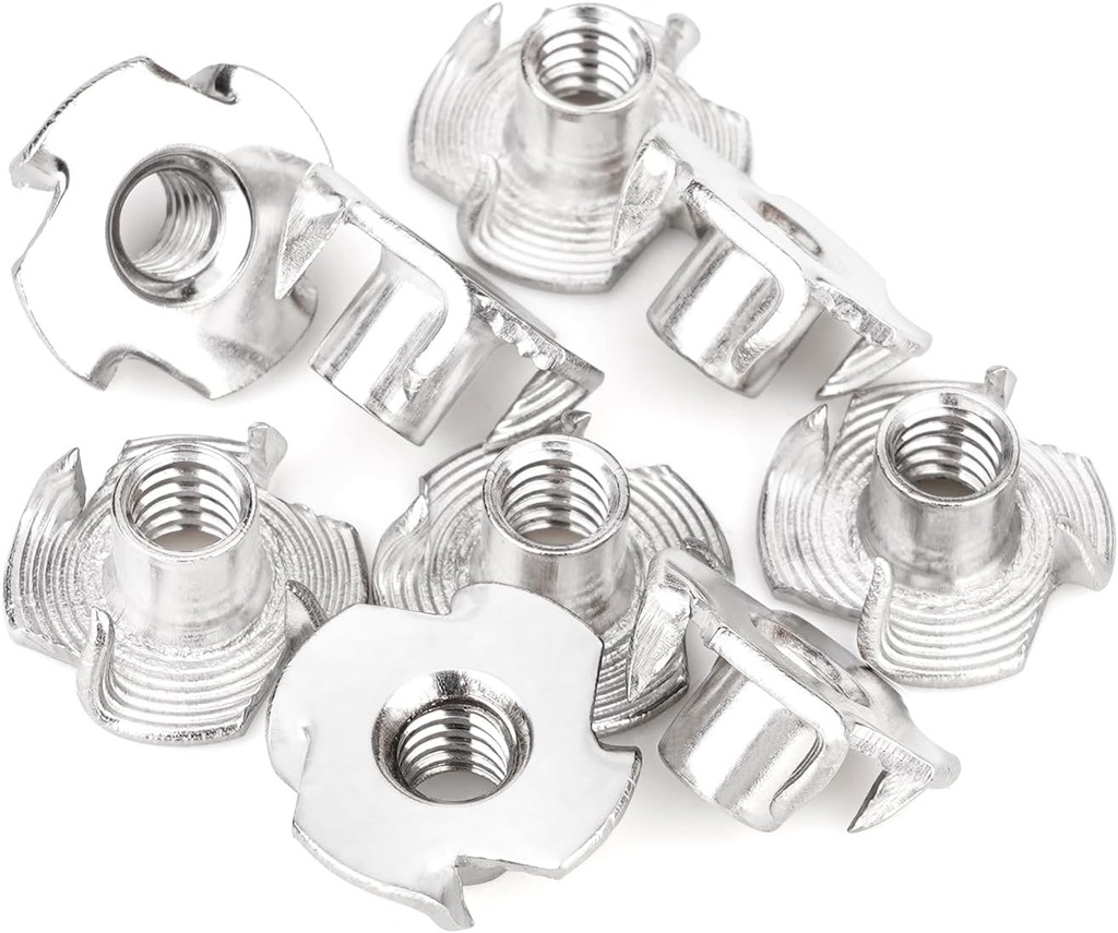 1/4"-20 T-Nuts (100 Pack), 304(18-8) Stainless Steel, 5/16" Barrel Length, 4-Pronged Tee Nut for Wood, Rock Climbing Holds, Cabinetry
