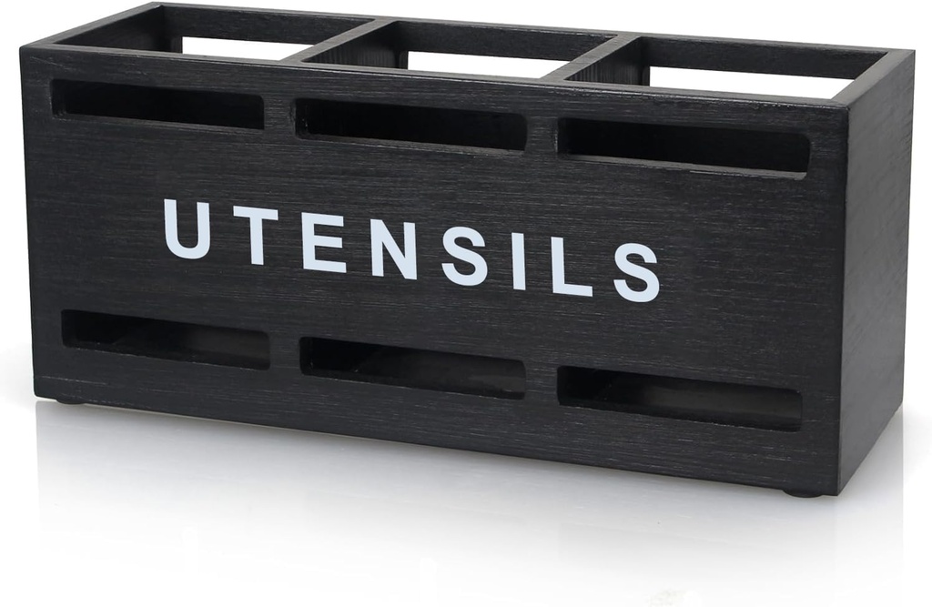 Wooden Utensil Holder, Black 10''x3.4''x4.5'' Utensil Holder Silverware Holder for Countertop Spoon and Fork, Flatware Organizer Storage Containers, Cooking Utensil Crock, Drying Holes
