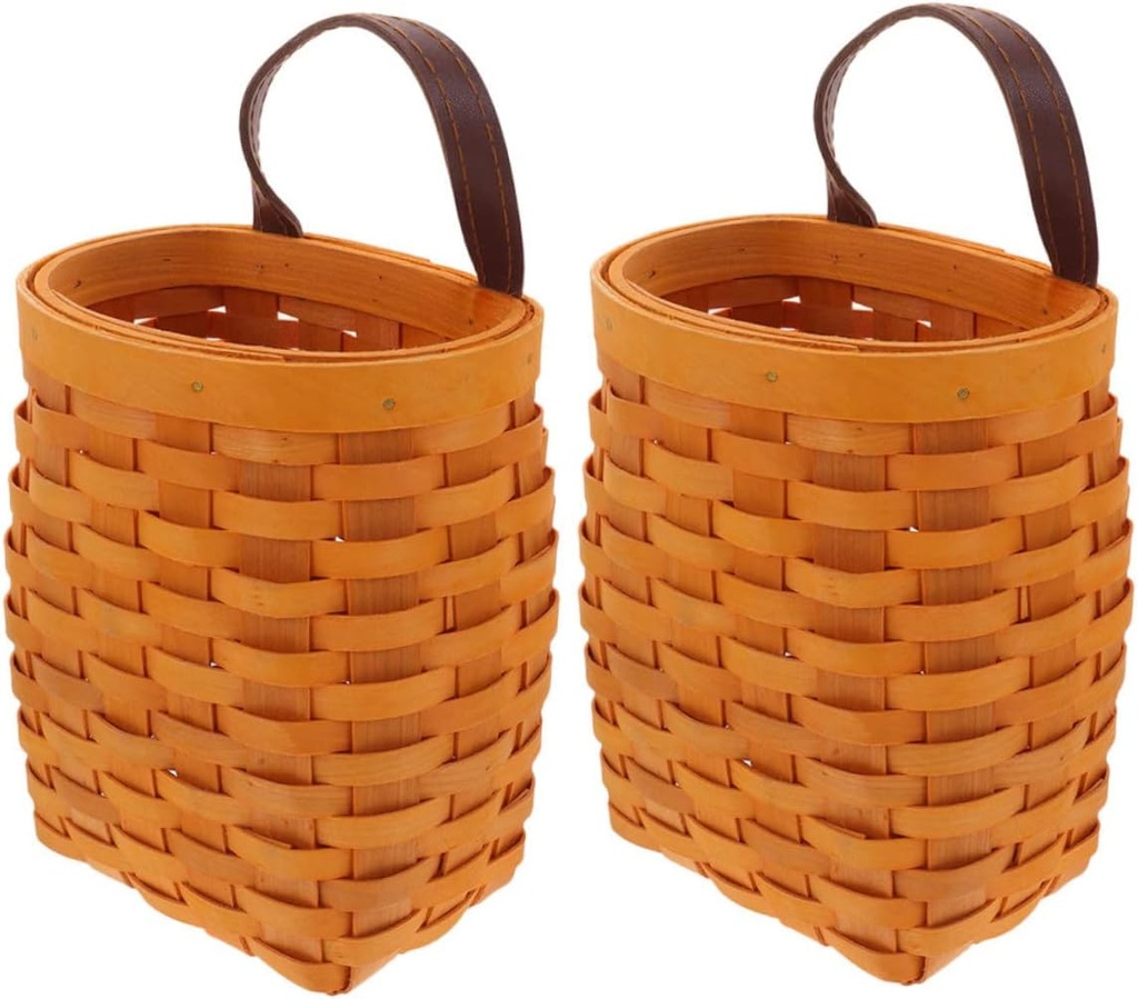 2Pcs Woven Wall Hanging Basket Farmhouse Storage Basket for Kitchen Home Decor for Fruits Snacks and Vegetables Honey Color with Handles