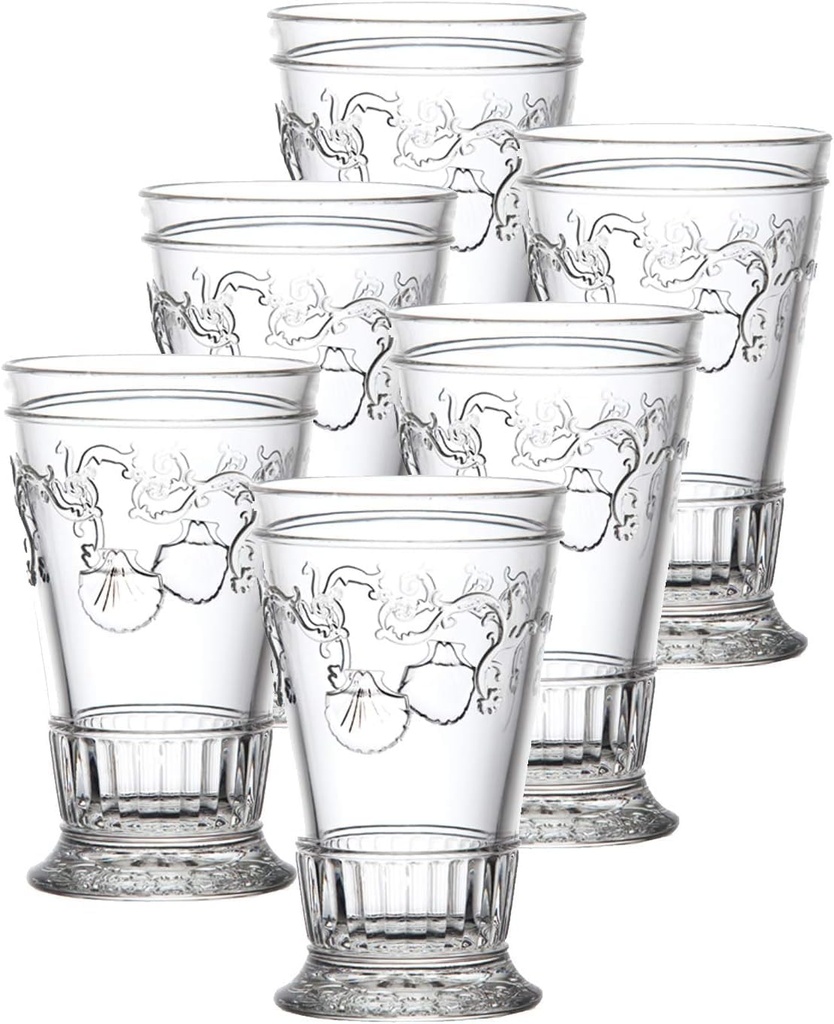 La Rochere Versailles Glass Set of 6 – Classic French Double Old Fashioned Glasses with Shell & Flower Motif – Elegant Tall Glass Tumblers for Cocktails, Ice Tea & Entertaining (11.5 Oz)