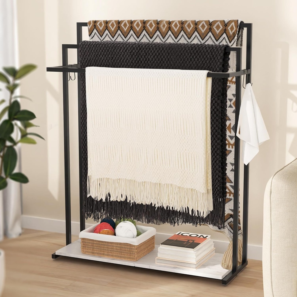KES 44” Extra Large Free Standing Towel Racks for Bathroom, 3 Tiers Blanket Rack, Blanket Holder for Living Room with Weighted Marble Shelf & 4 Hooks, Black, BTH504-BK