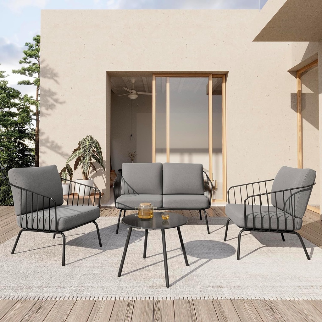 EAST OAK 4-Piece Plaza Patio Furniture Set, Outdoor Furniture for Balcony, Poolside, and Yard, with Thick Cushion Sofa and Coffee Table, Modern Patio Conversation Set, Black & Grey