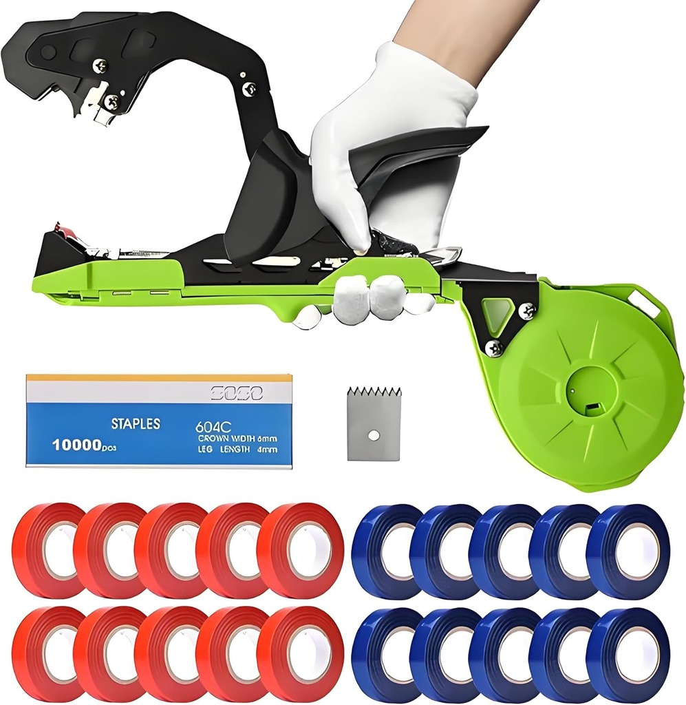 Upgrade Plant Tying Machine with Spare Parts, Garden Tape, and Staples for Quick Bundling of Tomatoes, Grapes, and Vegetables. Easy-to-Use Tool for SK5 Steel Blades