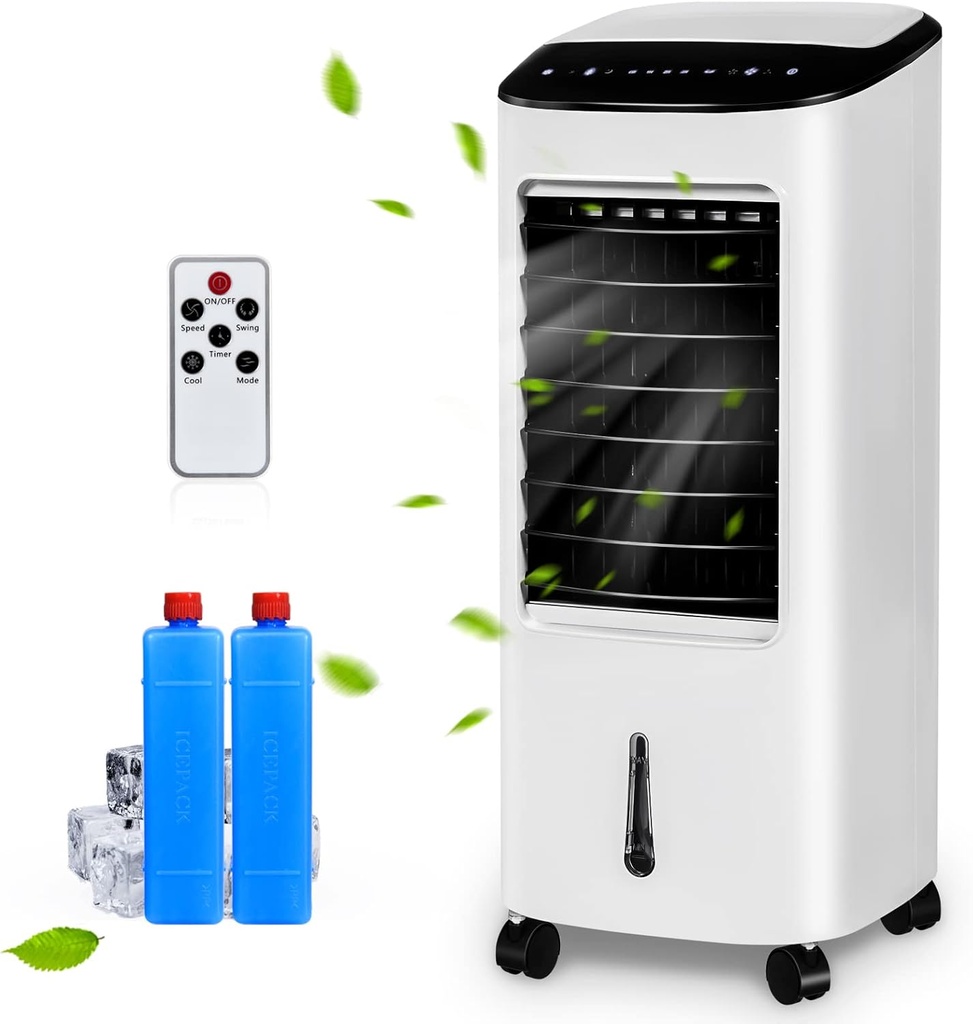 KOTEK Evaporative Cooler w/Fan & Humidifier, 7.5H Timer, 3 Wind Modes & Speeds, LED Display, Remote Control, 4 Casters, 2 Ice Boxes, Portable Air Cooler for Home, Office