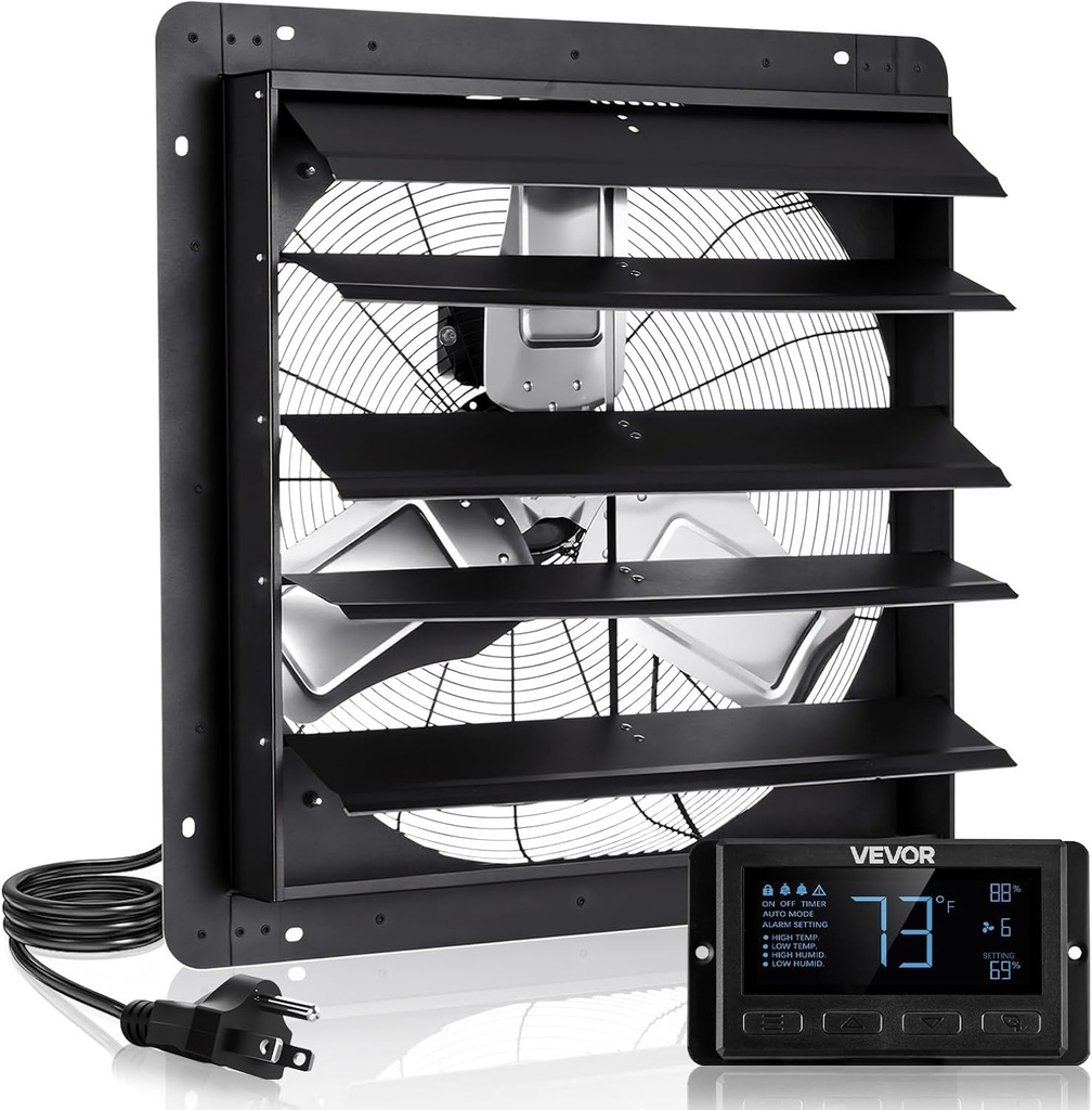 VEVOR 24 inch Shutter Exhaust Fan, Wall Mounted Attic Vent Fan with Smart Programming Variable Speed Temperature Control, 4800 CFM,EC Motor,Timer, for Shed,Garage,Greenhouse Ventilation Cooling,Black