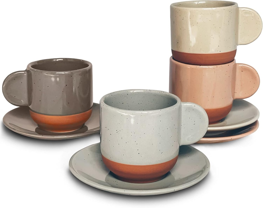 Mora Ceramic Mini Espresso Cups Set of 4, 3oz - Tiny Italian Inspired Mugs With Saucers For Small Shots of Coffee - Modern Boho Style For Any Kitchen or Cafe. Microwave Safe Porcelain - Asstd Neutrals
