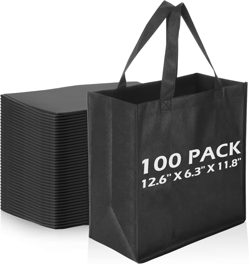 Reginary Reusable Totes Bags - 100 Pcs Non Woven Grocery Handle Bags for Shop Events & Retail Store(Black)
