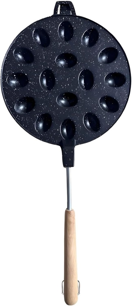 12-Cavity Non-Stick Double-Sided Egg Cake Pan With Wooden Handle, 16.1-Inches, Waffle Maker, Gas Stove Compatible