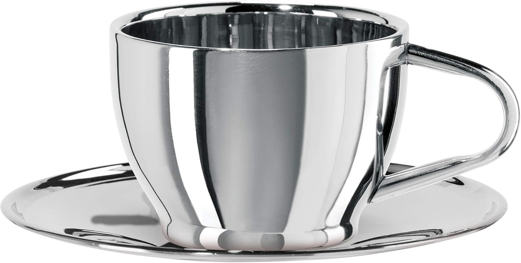 Oggi Insulated Coffee Cup 12oz - Saucer Included - Dual Wall Stainless Steel Technology Coffee or Tea Cup with Elegant Mirror Finish