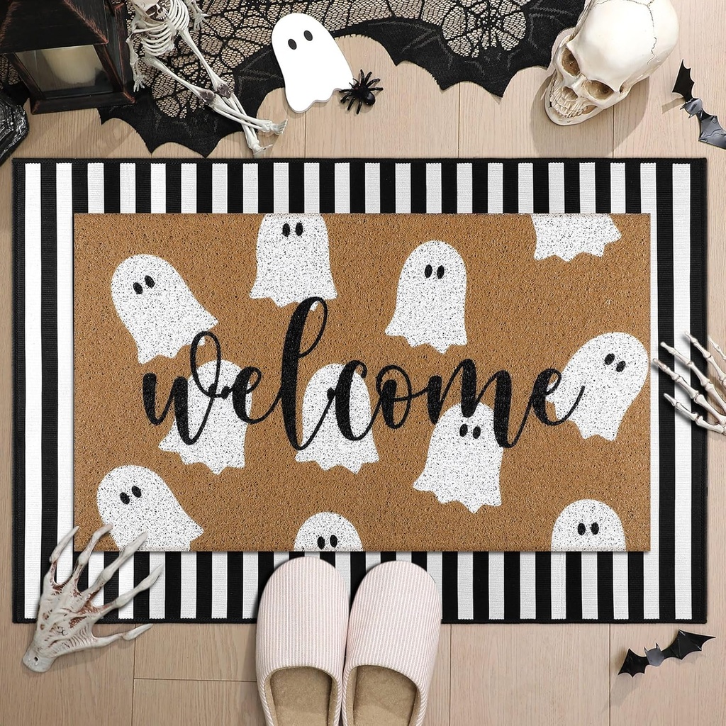 Tinideya 2 Pcs Halloween Welcome Door Mat Ghost Outdoor Welcome Mats for Front Door Non Slip Cute Ghost Coir Floor Mat Black White Stripe Halloween Rug for Outside Front Porch Entryway Decor