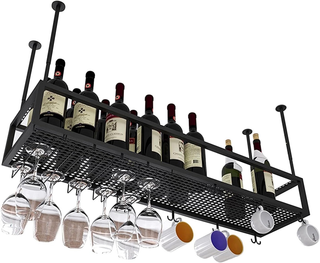 Ceiling Hanging Wine Rack with Glass Holder and Shelf | Upside Down Wine Glass Rack with Boom Adjustable Height Bottle Holder Wine Champagne Goblets Stemware Racks, for Kitchen Cellar bar (60x25