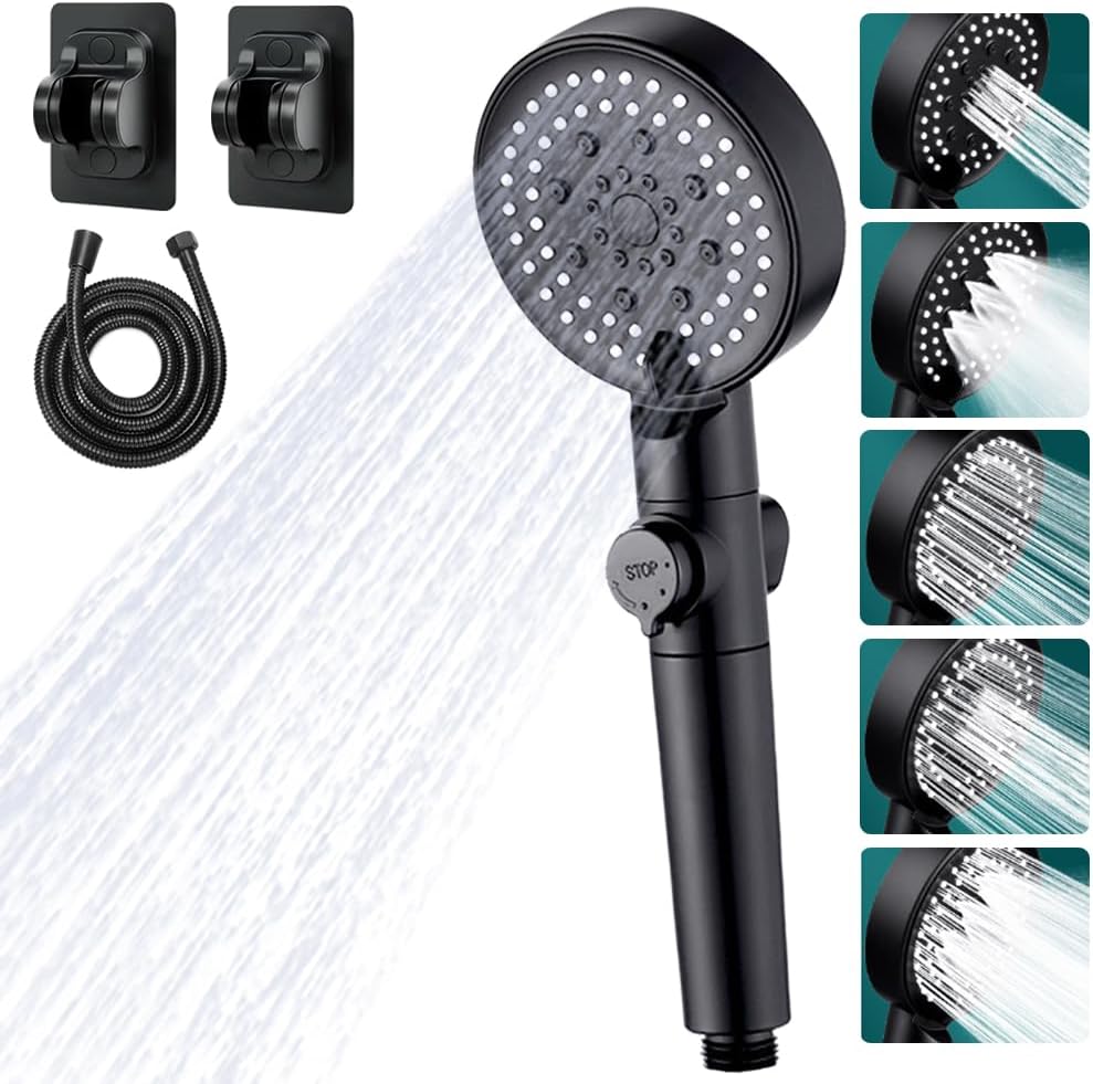 handheld shower head with five-speed pressurized hand shower with large water spray，with 60-inch hose, no-punch stand, the detachable shower head for bathroom upgrades