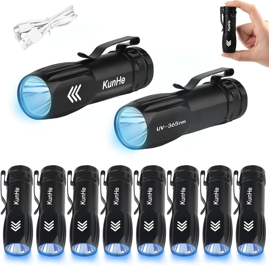 KunHe 10 Pack 365nm UV Flashlightt, Mini Rechargeable UV Light 3W for Pet Stain Detection, Hotel Cleaning, Resin Curing, Gem & Scorpion Inspection, Stocking Stuffers