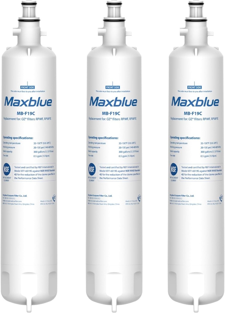 Maxblue Replacement for GE® RPWFE®, RPWF (with CHIP) Refrigerator Water Filter, Compatible with WSG-4, WF277, GFE28GMKES, PFE28KBLTS, GFD28GSLSS, PWE23KSKSS, GYE22HMKES, DFE28JSKSS, 3 Filters