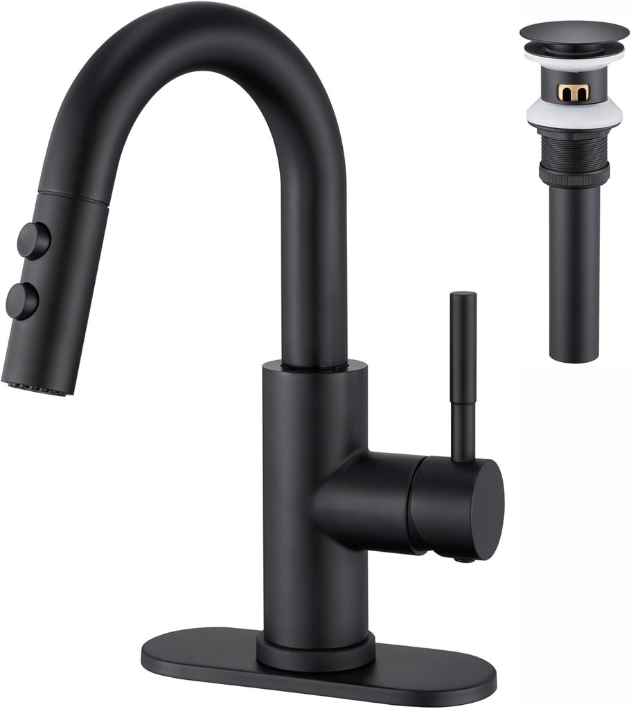 Bathroom Sink Faucet with Pull Down Sprayer, Matte Black Single Handle Pull Out Faucet with Pop-Up Drain, 1 or 3 Hole Laundry Bar Basin Faucet with Deck Plate, KBL-7002B-CL2